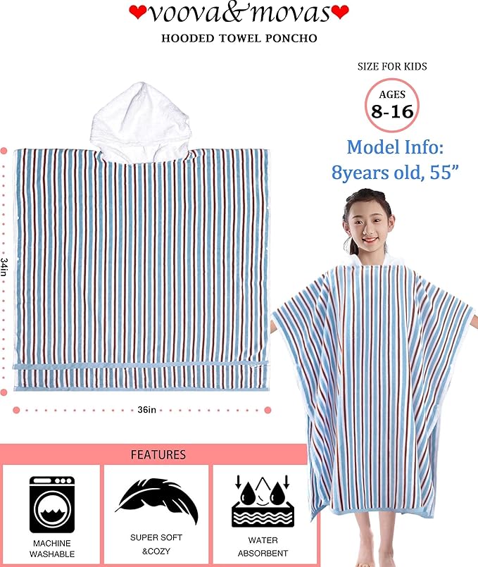 VOOVA & MOVAS Hooded Poncho Towel for Teens Unisex 100% Cotton Classic Nautical Beach Swim Bath Cover Up Red Blue Stripe