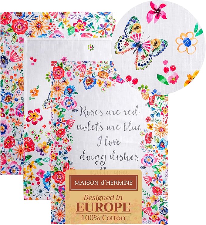 Maison d' Hermine Kitchen Towels Set of 3 100% Cotton 27.50" x 20" Reusable Cloth Tea Dish Towels Absorbent with Hanging Loop for Farmhouse Hotel Spring Summer - Happy Florals - High Summer