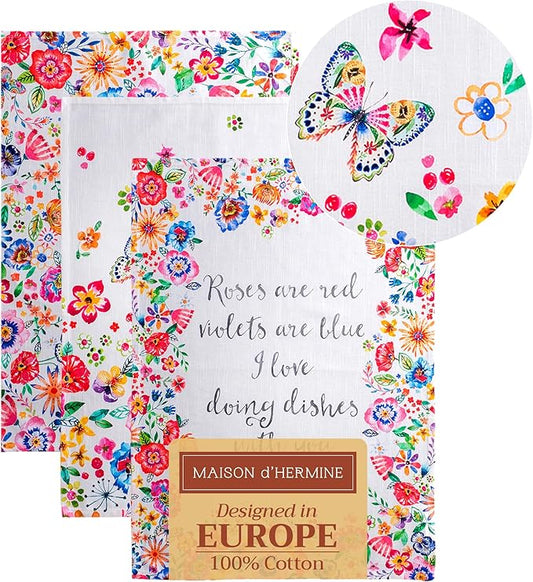 Maison d' Hermine Kitchen Towels Set of 3 100% Cotton 27.50" x 20" Reusable Cloth Tea Dish Towels Absorbent with Hanging Loop for Farmhouse Hotel Spring Summer - Happy Florals - High Summer