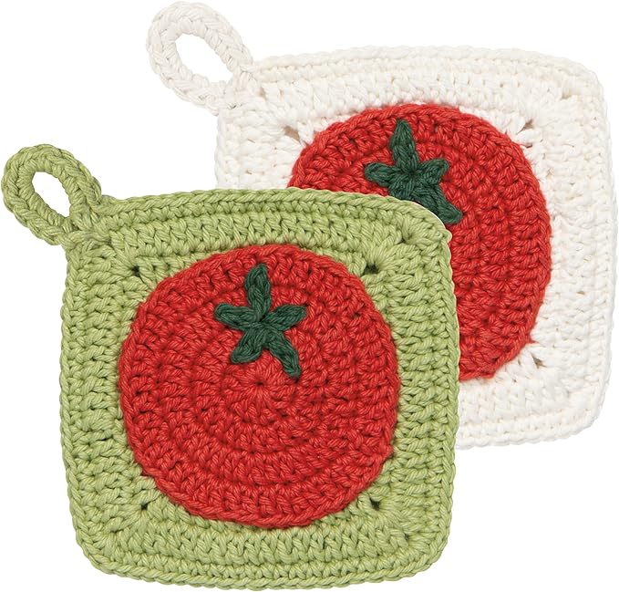 Now Designs Heirloom Tomatoes Crochet Sponges Set of 2, Hand-Crocheted Cotton Scouring Sponges, 4x4in, Red/Orange/Yellow/Green