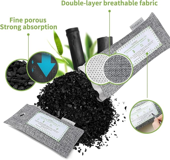CLEVAST Activated Bamboo Charcoal Odor Absorber - 6 x 60g Air Purifying Bags Natural Fresh, Deodorizer and Moisture Eliminator for Home, Closet, Shoes, Car Air freshener, Grey