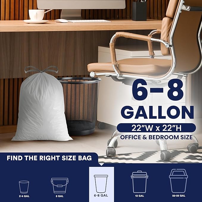 Plasticplace 8 Gallon Trash Bags: Premium White Drawstring Garbage Bag, 0.7 Mil Thickness, Durable Trash Can Liners, Garbage Bags for your Trash Can, Ring Size 22" x 22" (Pack of 100)