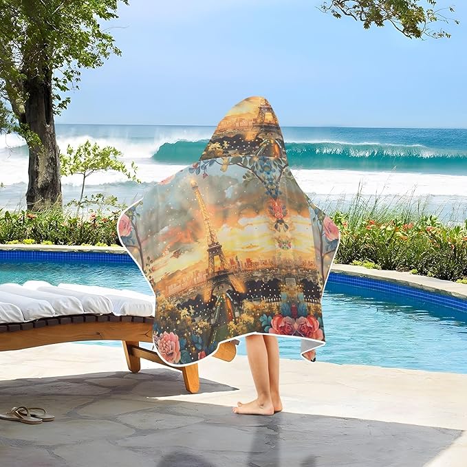 Hooded Towel for Kids Iron Tower Backdrop Beach Wrap Bath Towels 50x23.5in