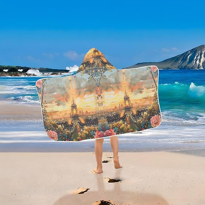 Hooded Towel for Kids Iron Tower Backdrop Beach Wrap Bath Towels 50x23.5in