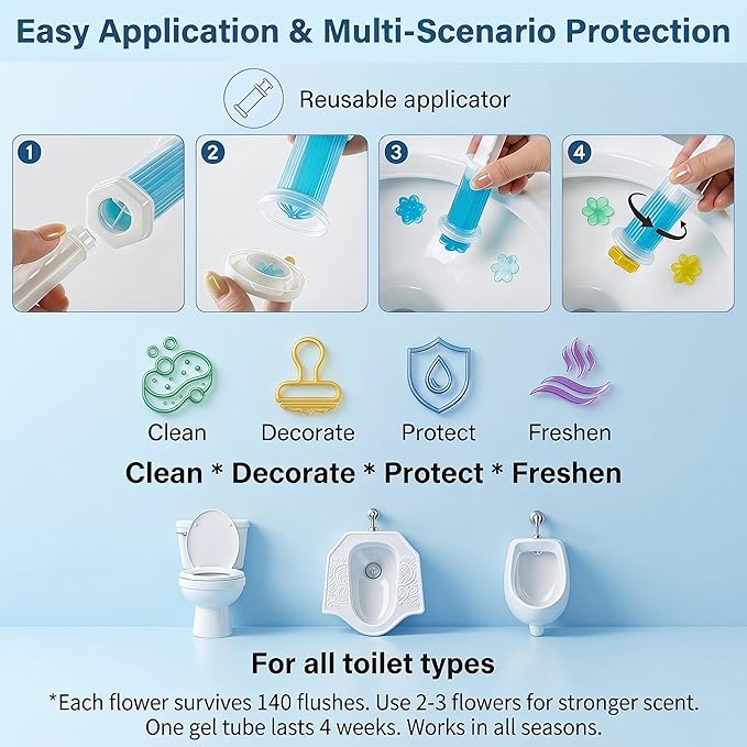 120 Stamps (12 Tubes) Toilet Bowl Gel Flower Stamp, 6 Scents Lavender Orange Ocean Gardenia, Prevent Limescale and Ring, Flush-Activated Cleaner, Long-Lasting Bathroom Freshener