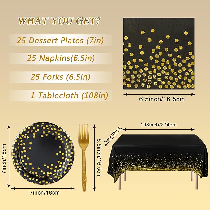 Black and Gold Paper Plates and Napkins Tablecloth Party Supplies,Serves 25 Guests Black Gold Plates and Napkins Tablecloth,Disposable Tableware Set for Birthday Graduation Retirement Decorations