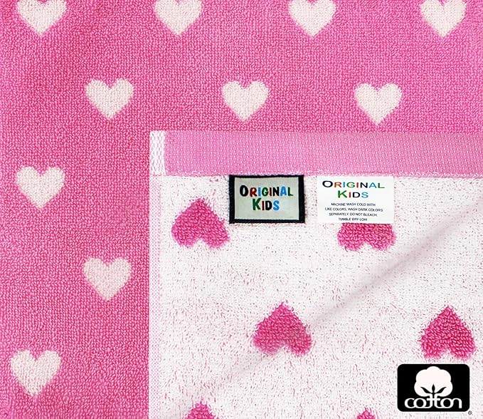 ORIGINAL KIDS 6 Piece Towel Set - Bath Time Hearts - 2 Bath Towels, 2 Hand Towels, 2 Washcloths - 100% Cotton Jacquard Colorful Soft Absorbent Pool Beach Kids Towel Gift - Pink White