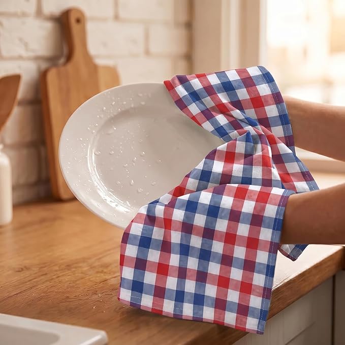 Urban Villa July 4th KitchenTowels Red/Blue/White DishTowels 100% Cotton (Set of 6) 20X30 Inches Buffalo Checks Highly Absorbent Soft Durable Reusable & Washable Kitchen Towels
