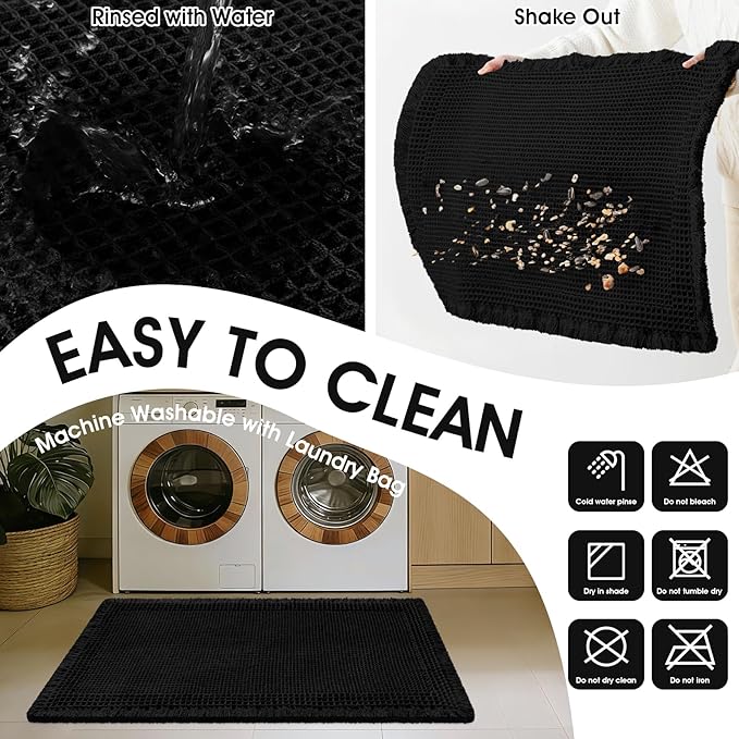 Extra Large Waffle Bath Mat, 5'x2' Black-Bordered, Super Absorbent Non-Slip Quick Dry Bathroom Rugs with Tassels, Machine Washable Ultra Soft Boho Bath Rugs for Floor, Toilet Mats Boho Farmhouse Decor