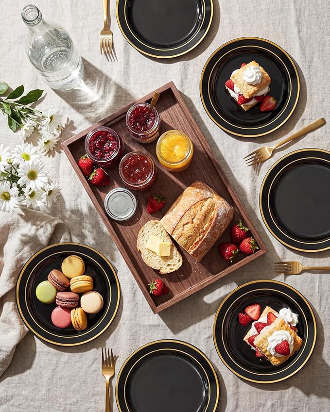 bUCLA 100PCS Black and Gold Plastic Plates - 6.25 inch Black Gold Premium Hard Disposable Dessert/Salad/Appetizer/Small Cake Plates for Party, Graduation & New year