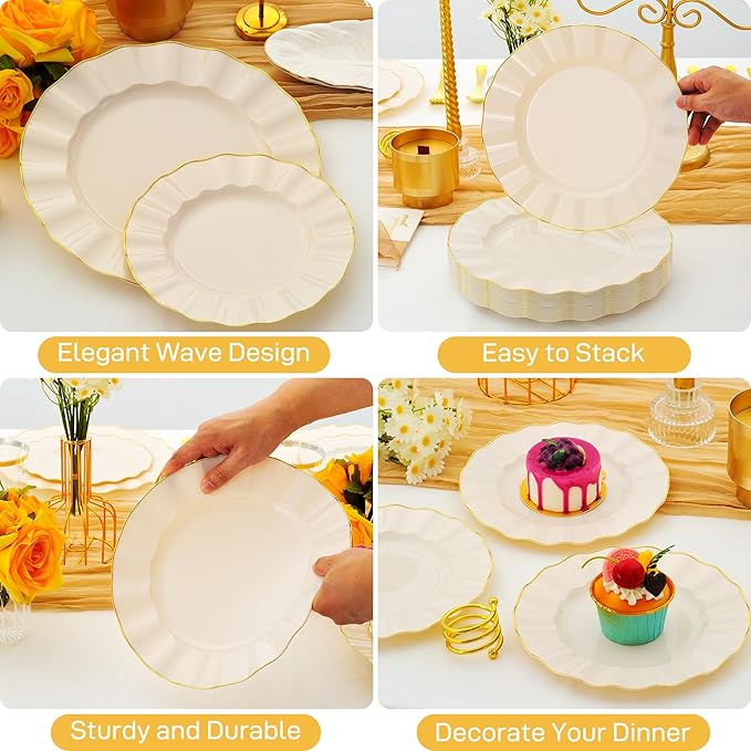 60Pcs Heavy Weight Ivory Plastic Plates with Gold Trim, Heavy Duty Wedding Plates, Elegant Disposable Plate Sets include 30 Dinner & 30 Dessert Plates for Party & Wedding(30 Guests)