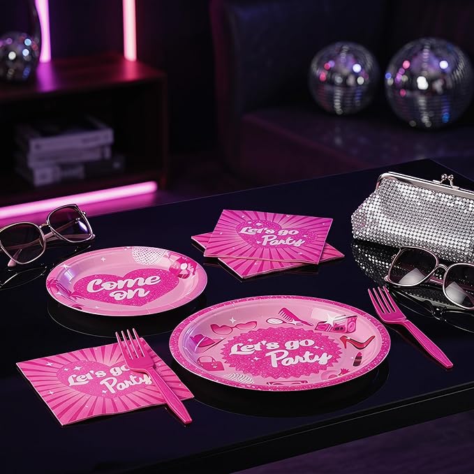 100 Pcs Let's Go Party Supplies for 25 Guests, Heavy-Duty 7" & 9" Paper Plates, 2-Ply 13" Napkins & Plastic Forks, Disposable Pink Tableware Set for Wedding Bridal Shower Party