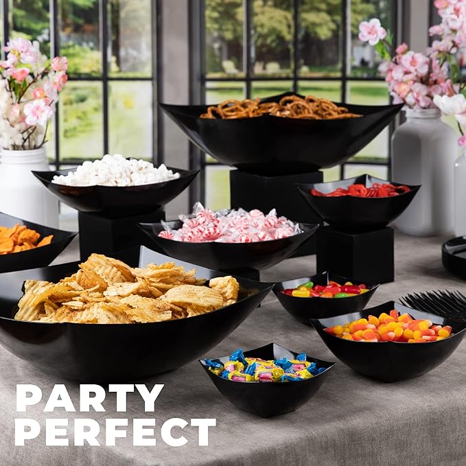 PLASTICPRO Disposable Square Serving Bowls, Party Snack or Salad Bowl, Plastic Black Pack of 4, 16 OUNCE, Black
