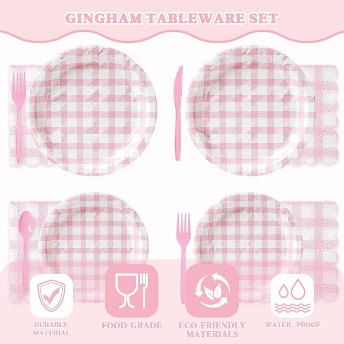 Vyntra 350 Pcs Pink Gingham Paper Plates and Napkins Set for 50, 9" Dinner Plates & 7" Dessert Plate, Baby Girl Shower Birthday Party