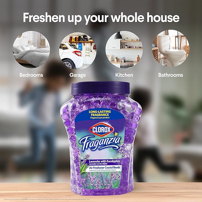 Clorox Fraganzia Crystal Beads Air Freshener, Long Lasting Room Deodorizer and Odor Eliminator Gel Beads to Freshen Home, Car, or Office, Lavender with Eucalyptus Scent, 12 Fl Oz