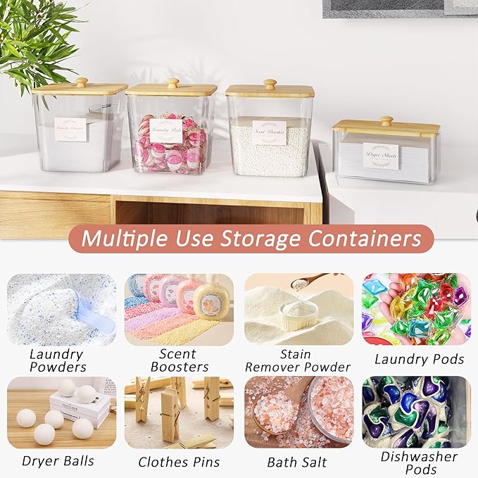 Vincona Laundry Room Organization and Storage, Laundry Pods Container and Dryer Sheet Holder with Bamboo Lids and Labels, Laundry Organizer with Scoops for Booster Beads, Powder, Pods, 4+1 Pack