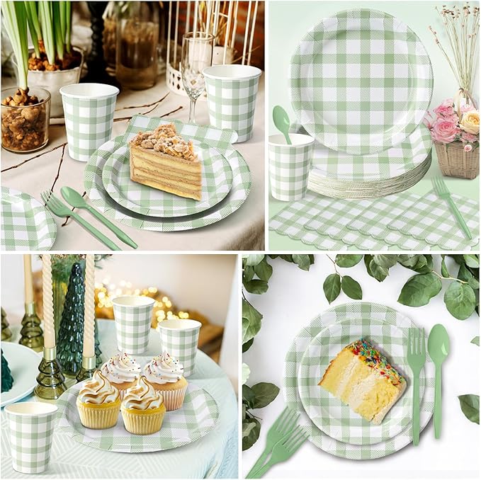 Vyntra 350 Pcs Sage Green Gingham Paper Plates and Napkins Set for 50, 9" Dinner Plates & 7" Dessert Plate, Tableware for Garden Birthday Party