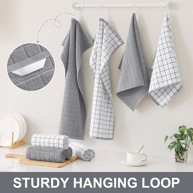 Homaxy Premium Cotton Kitchen Towels 16"x 28", Large Natural Ring Spun 390 GSM Dish Towels, Super Absorbent Terry Kitchen Hand Towels, Soft Tea Towels with Hanging Loop, Light Grey Design, 4 Pack