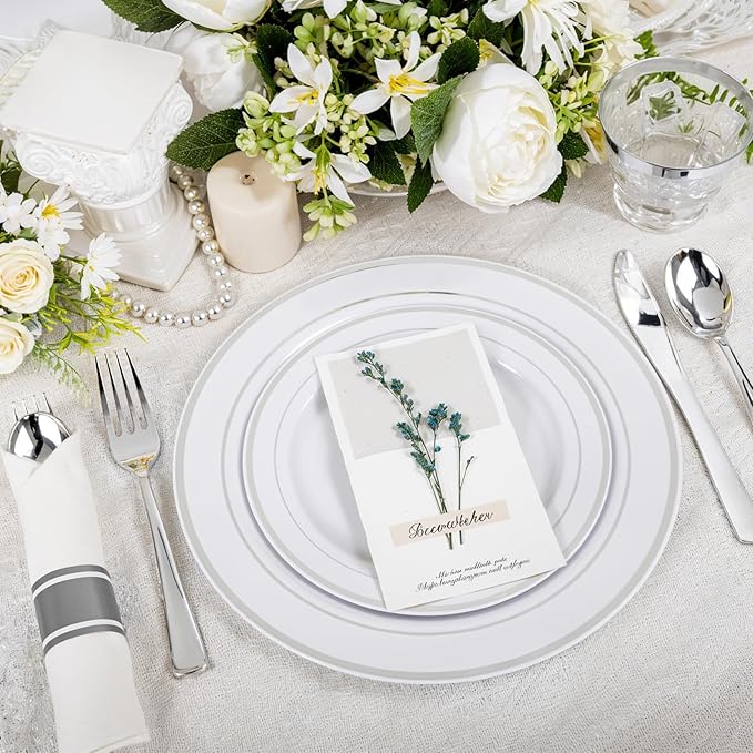 WELLIFE 350Pcs Silver Plastic Plates for 50 Guests - Disposable Dinnerware Set, Party Supplies Includes 100 Silver plates,150 Silverware,50 Napkins,50 Cups, Plastic Plates for Party and Wedding