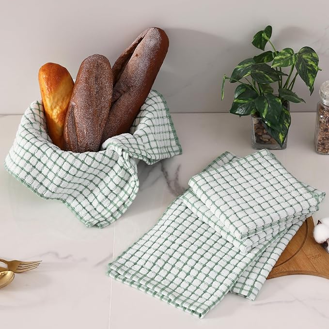 Homaxy Kitchen Towels and Dishcloths Set, 16 x 25 and 12 x 12 Inches, Set of 12 Cotton Terry Kitchen Dish Towels, Super Soft and Absorbent Dish Cloths, Grass Green