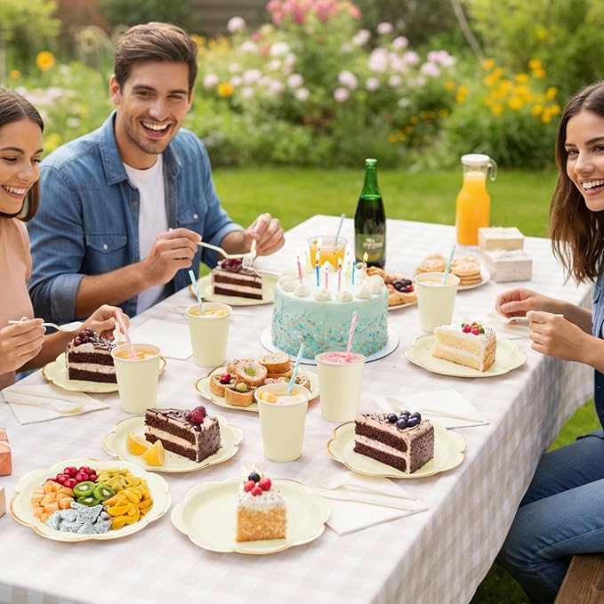OuMuaMua 350Pcs White Paper Plates and Napkins Party Supplies, White Scalloped Plates and Napkins with Gold Rim, Disposable Plates for Party Birthday Baby Shower Weddings Bridal Shower, Serves 50