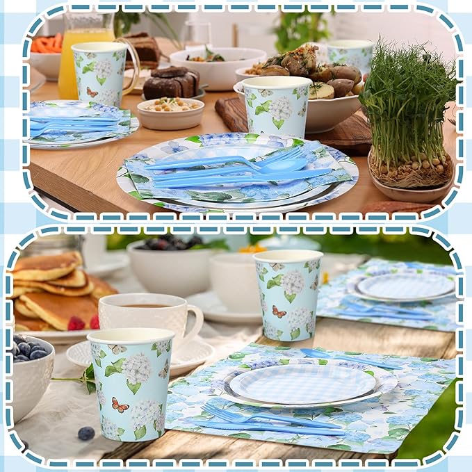 Sinmoe 400 Pcs Spring Plates and Napkins Set Paper Flower Dinnerware Disposable Party Supplies for 50 Guest Dinnerware Knife Fork Spoon for Spring Birthday Party(Blue,Hydrangea)