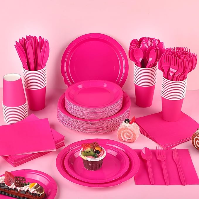 Kochorie 350 Pieces Hot Pink Dinnerware Set, 7 & 9 inch Dessert Paper Plates Cups Napkins Plastic Cutlery Disposable Party Supplies for Birthday Baby Shower Wedding, Serve 50 Guests