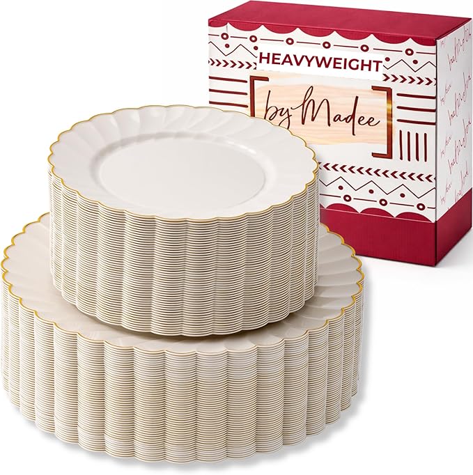 By Madee HEAVYWEIGHT 100 Pc Scalloped Ivory Gold Plastic Plates for Party | 50 Dinner & 50 Dessert Plates Disposable Heavy Duty | Elegant & Fancy for Wedding, Baby Shower, Bridal Shower 50 Guests