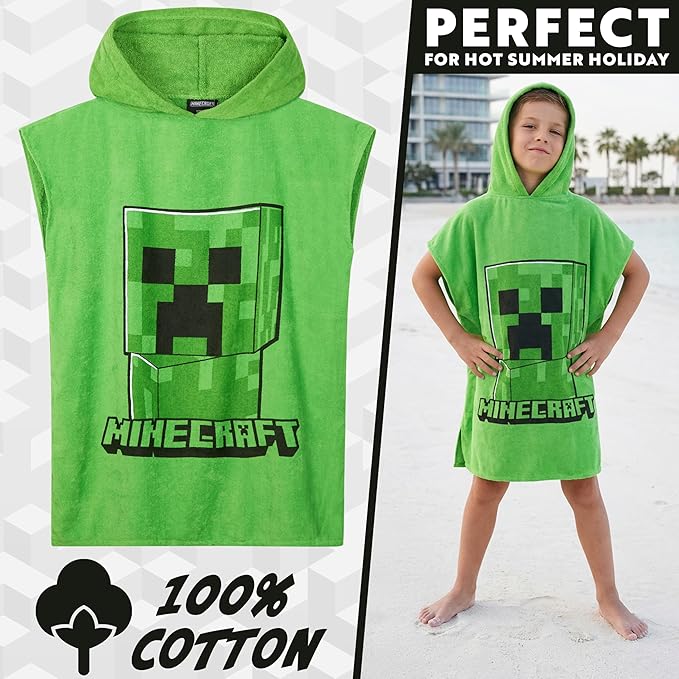 Minecraft Towelling Poncho Kids Teens Hooded Bath Towels Absorbent Beach Towel (Green, 10-13 Years)