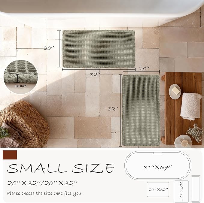 DWCN Olive Green Waffle Bathroom Mat Set, Super Absorbent Non Slip Bath Rug Set for Bathroom Floor, Shower Mats 2 Piece for Tub, Washable Kitchen Rugs for Farmhouse Boho Home Decor, 20 x 32 Inch