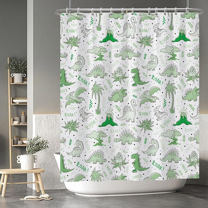 Baocicoo Cute Cartoon Dinosaur Shower Curtain Sets Green Animals Plants Bath Curtain for Boys Girls Bathroom Decorations Polyester Fabric Waterproof Curtains for Bathroom with Hooks 60x72 Inches