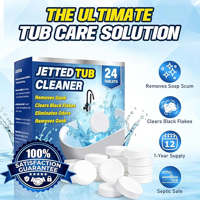 Jetted Tub Cleaner Tablets (24 Count) - Effective Whirlpool & Hot Tub System Flush - Eliminates Soap Scum, Gunk, and Stubborn Black Flakes - Heavy Duty Formula for Clean & Odor-Free Pipes