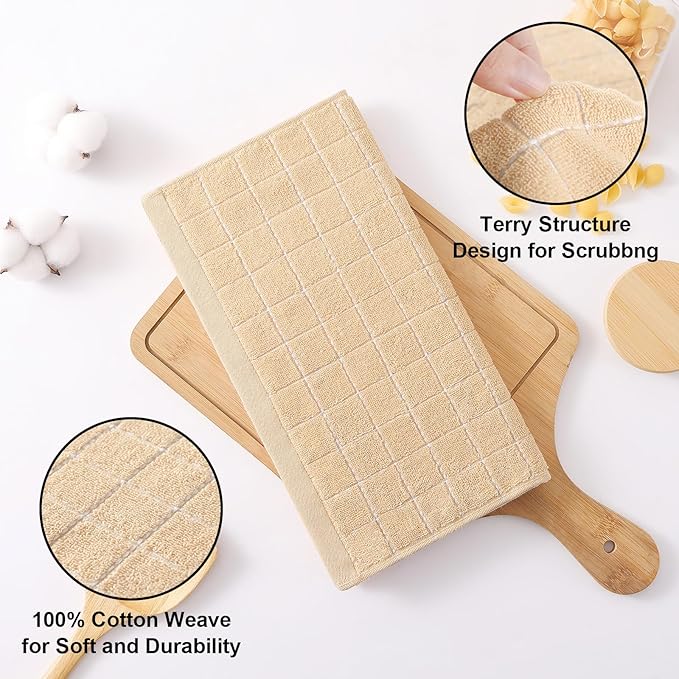 Homaxy 100% Cotton Terry Kitchen Dish Cloths, Ultra Soft and Absorbent Dish Towels for Kitchen, Suitable for Drying and Washing Dishes, 12 Pack, 12 x 12 Inches, Apricot