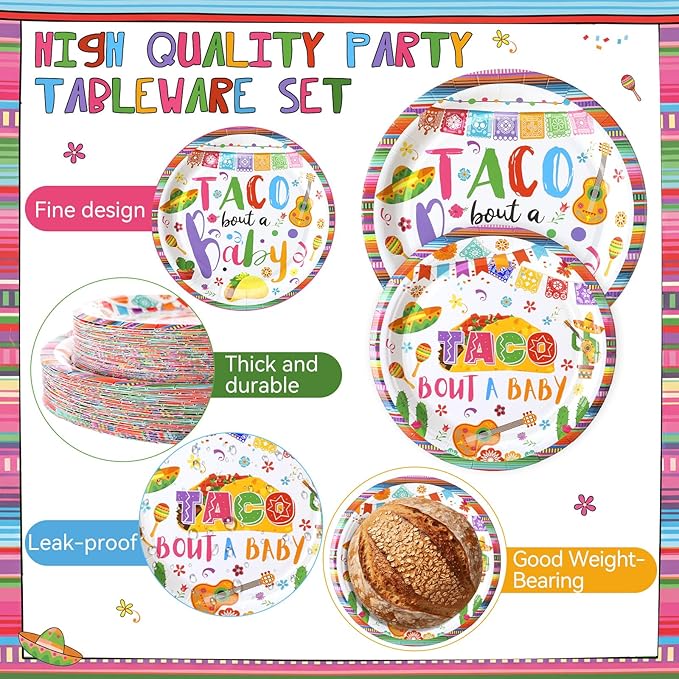 Pickmesh 400 Pcs Taco Bout a Baby Decoration, Mexican Birthday Party Supplies with Taco Plates Napkins Cups and Cutlery, Fiesta Baby Shower Birthday Party Favors for 50 Guests