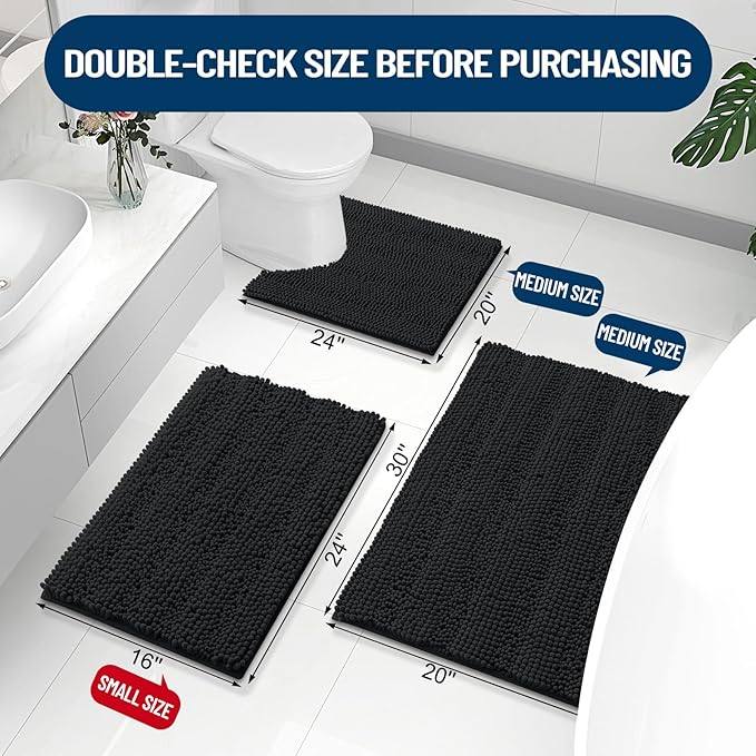 Grandaily Chenille Striped Bathroom Rugs 59x35, Extra Thick and Absorbent Bath Mats, Non-Slip Soft Plush Shaggy Shower Carpet, Machine Wash Dry, Bath Rug for Bathroom, Black