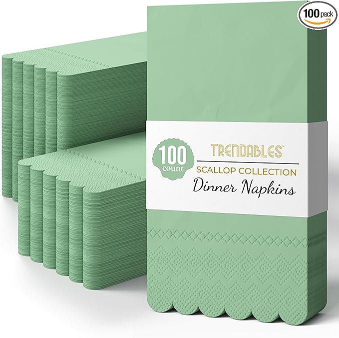 Party Solids Sage Green Scalloped Napkins Disposable 100 Pcs 3-Ply Sage Green Scalloped Dinner Napkins Disposable Decorative for Dinners & Parties, Paper Guest Towels for Bathroom & Party Supplies
