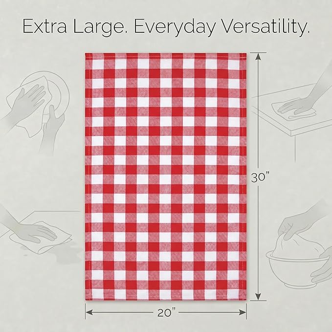 Urban Villa Kitchen Towels 100% Cotton Dish Towels for Kitchen (Set of 6) 20”x30” Dish Cloths Highly Absorbent Kitchen Linen Set with Hanging Loop Perfect for Drying Dishes Cleaning – Red White