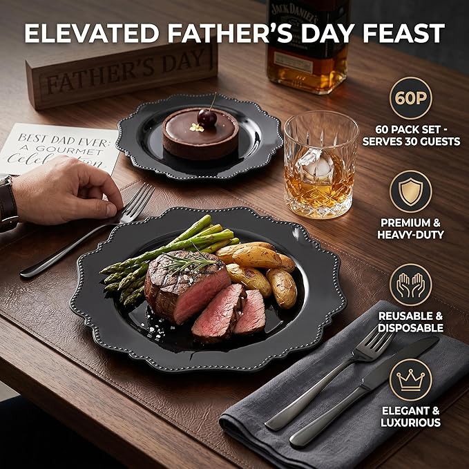 COLOSUS 60pcs Black Plastic Plates Set,Heavy Duty Black Disposable Plate for Party,Include 30PCS 10.5inch Dinner Plates and 30PCS 8.25 inch Dessert Plates for Father's Day/Wedding/Birthday