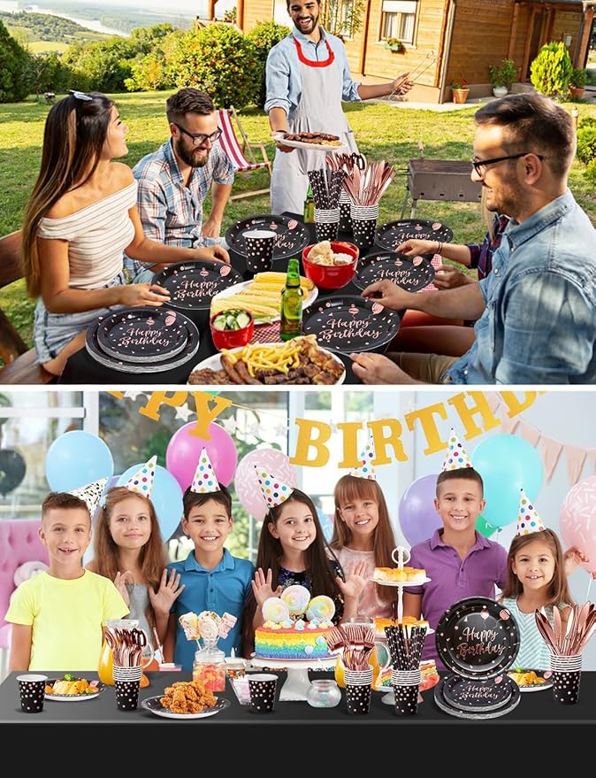 Nkaiso Birthday Party Tableware, 161 Pieces Black and Rosegold Party Supplies, Party Dinnerware Sets Include Paper Plates Napkins Cups Silverware, for Shower Engagement Parties Decoration -20 Serves