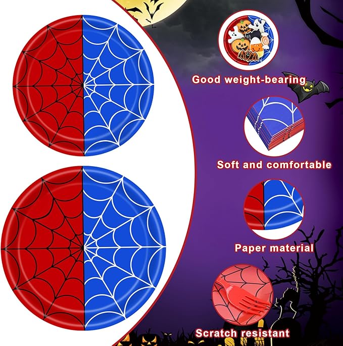 100 Pcs Spider Web Tableware Party Supplies – Disposable Red and Blue Web Paper Plates, Napkins, and Forks for Birthdays, Kids Parties, and Comic Theme Celebrations – Serves 25