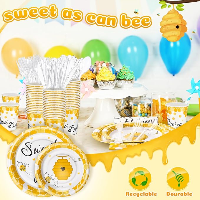 FillTouch 350 Pcs Bee Party Tableware for 50 Guests Baby Shower Bee Paper Plates Disposable Napkins Cups Plastic Knives Fork Spoon for Birthday Wedding