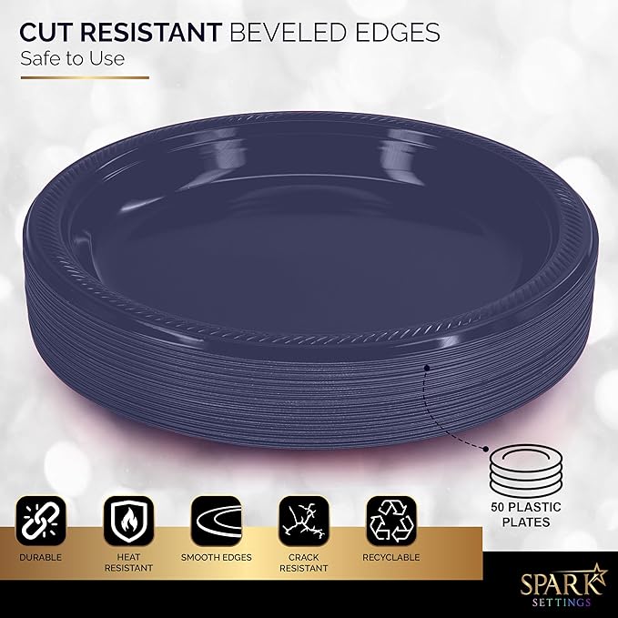 Amcrate Navy Disposable Dinner Plates, 10.4 Inches, Strong & Sturdy for Party, Picnic, Travel - Pack of 50