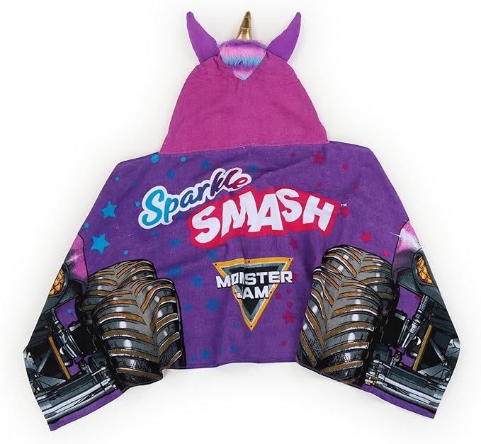 Jay Franco Kids Hooded Towel – 22" x 51" Super Soft Bath Wrap with 3D Hood, Beach, Pool & Travel, Official Licensed Product, Purple - Monster Jam Sparkle Smash