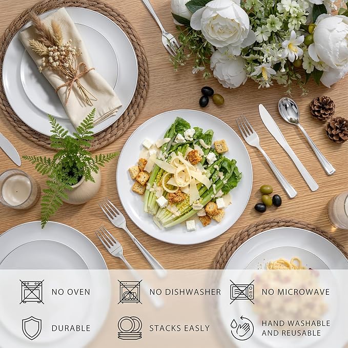 KIRE 200PCS Silver Plastic Plates - White Plastic Plates with Silver Rim Include 100 Dinner Plate and 100 for Dessert/Salad Plate for Birthday/Wedding/Party/Father's Day