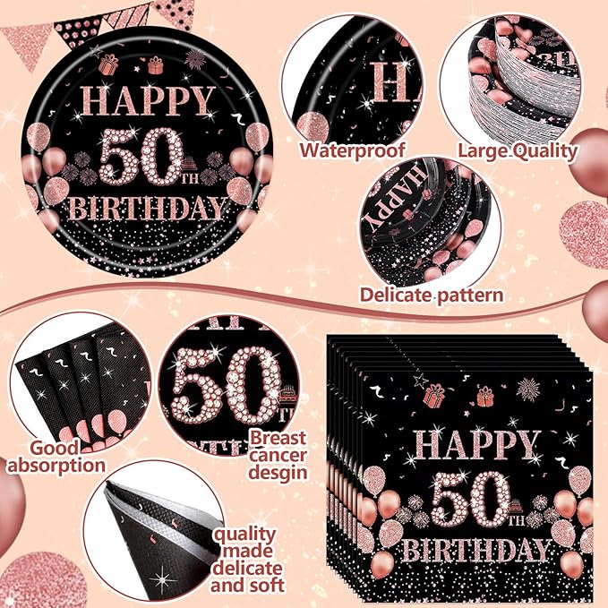 Pickmesh 400 Pcs 50th Birthday Decorations for Women, Includes 50th Birthday Plates, Napkins, Cups, and Cutlery for Party Favors, Cheer to 50 Year for Her, Serves 50 Guests