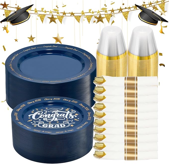 Goodluck 350 Piece Graduation Navy Blue Plastic Dinnerware Set for 50 Guests, Congrats Grad Disposable Plates Include: 50 Dinner Plates, 50 Dessert Plates, 50 Cups, 50 Rolled Napkins with Silverware