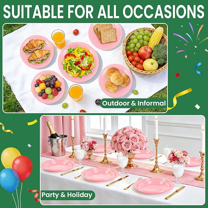 LANLISA 50 Pcs Pink Plastic Plates For Party, 25-9" & 25-7" Disposable Cake Dessert Plates For Birthday, Valentines Day, Baby Shower, Easter, Mothers Day Dinner