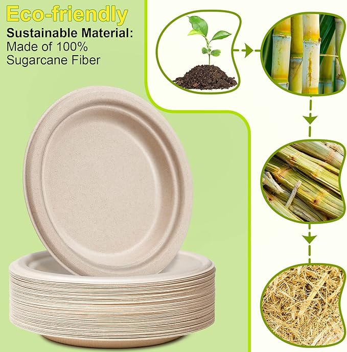 Small Paper Plates 100 Pack, 7 inch Paper Dessert Plates, 100% Compostable Biodegradable Eco Friendly Plates, Disposable Brown Paper Plates Bulk