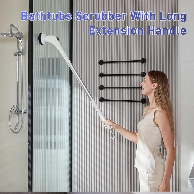 FUNCCUBE Electric Spin Scrubber - Bathtub Shower Scrubber,Bathroom Cleaning Brush Floor Brushes with Long Handle,Power Cordless Automatic Handheld Mop Cleaner for Bath Tub Kitchen Tile Grout Hardwood