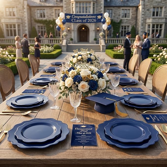 COLOSUS Navy Blue Disposable Plastic Party Plates Set Include 60pcs (30 guest) Dinner plate and Dessert Plate Heavy weight Party Dinnerware Plates